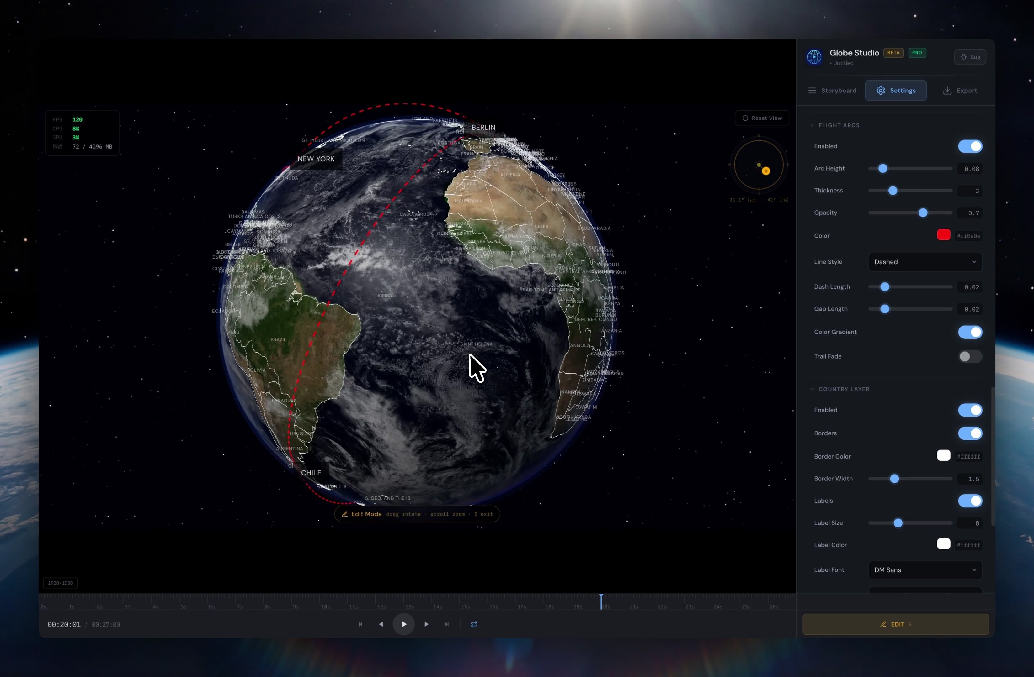 Globe Studio displaying dashed red flight arcs connecting New York, Berlin, Paris, and Chile on a 3D globe with country borders and labels enabled
