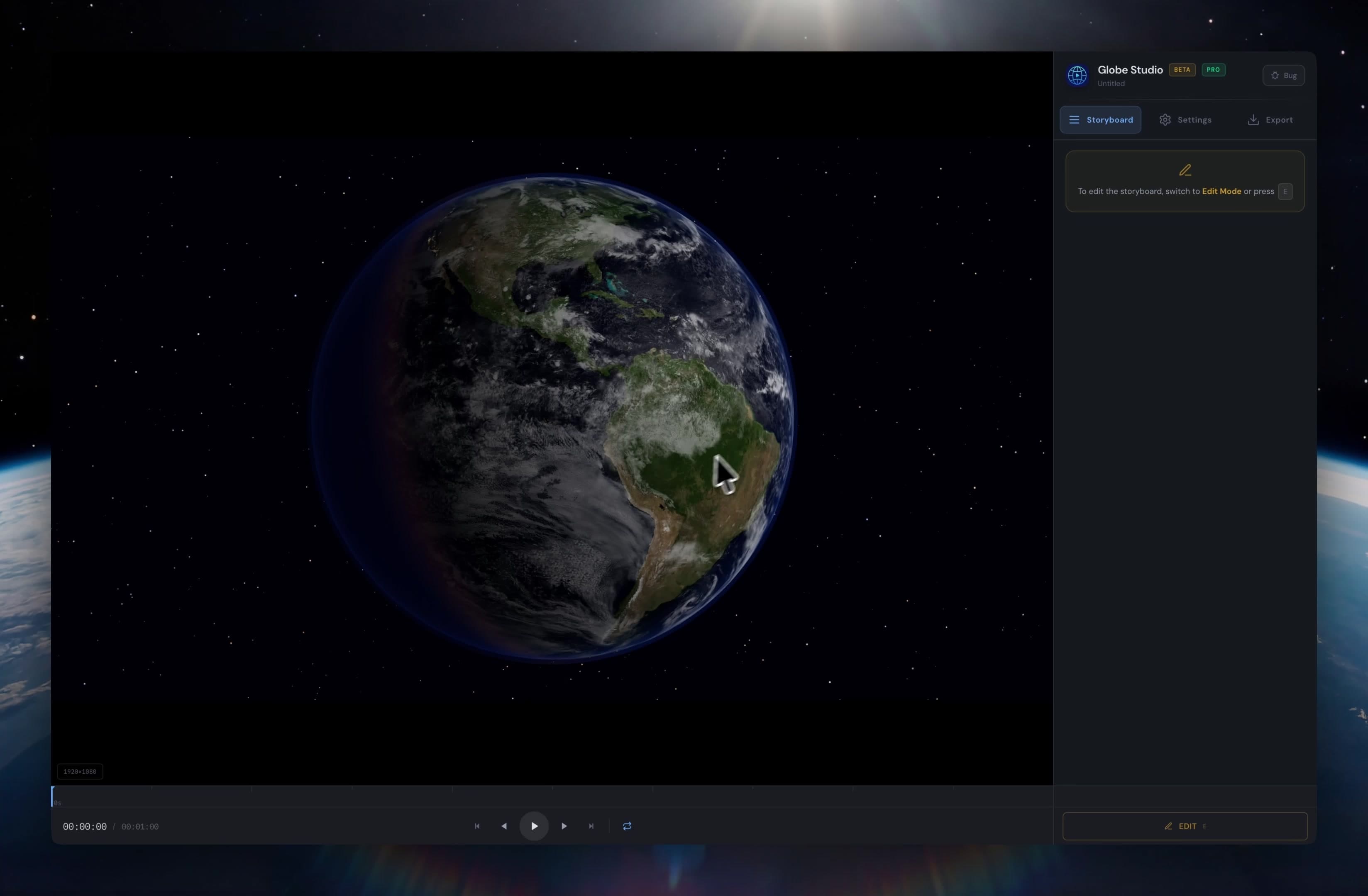 Globe Studio storyboard editor interface showing a 3D globe with Storyboard, Settings, and Export tabs in the right panel