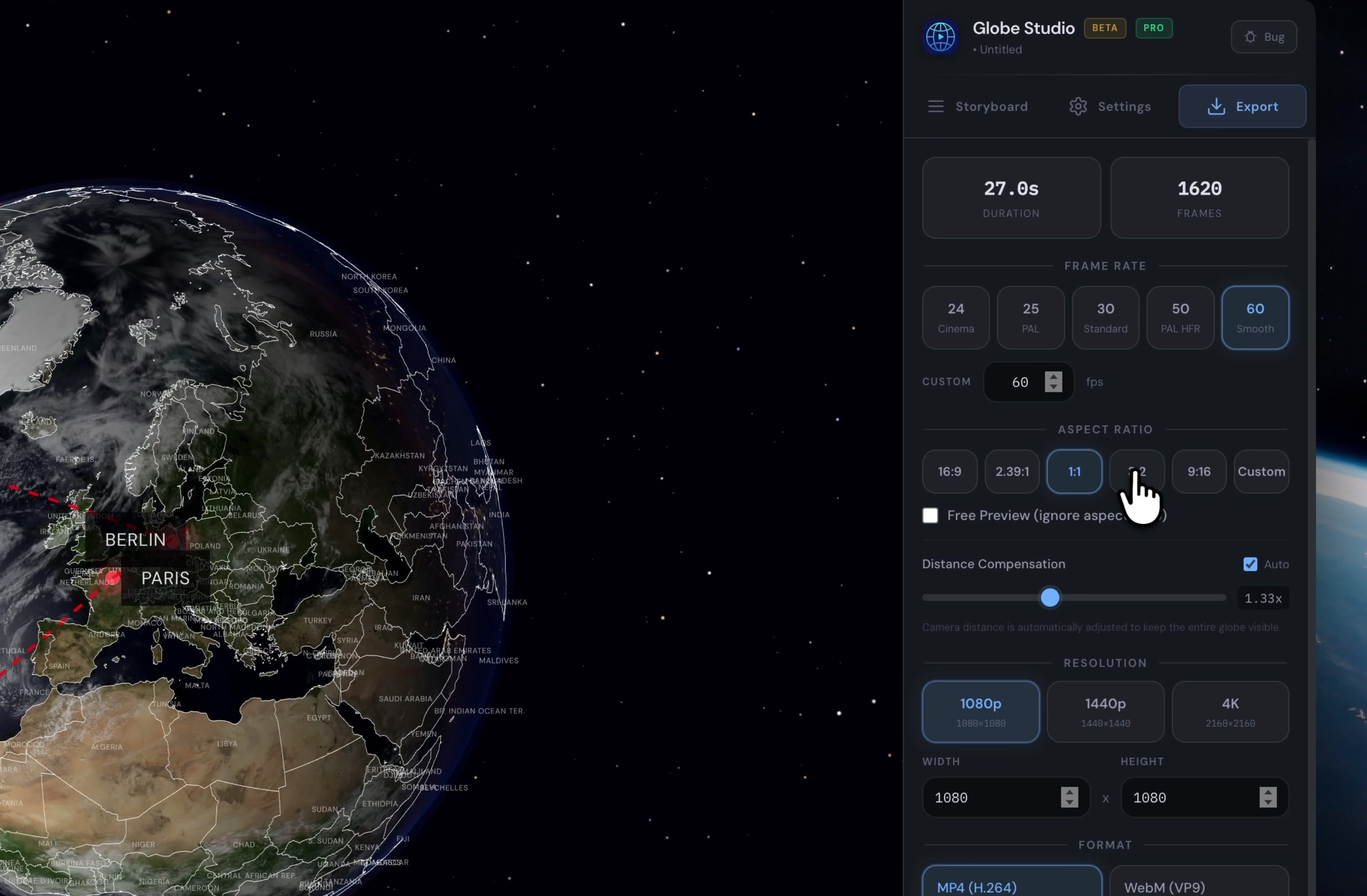 Globe Studio Export dialog showing 27-second duration at 1620 frames, 60 fps frame rate, 1:1 aspect ratio, 1080p resolution, and MP4 H.264 and WebM VP9 format options