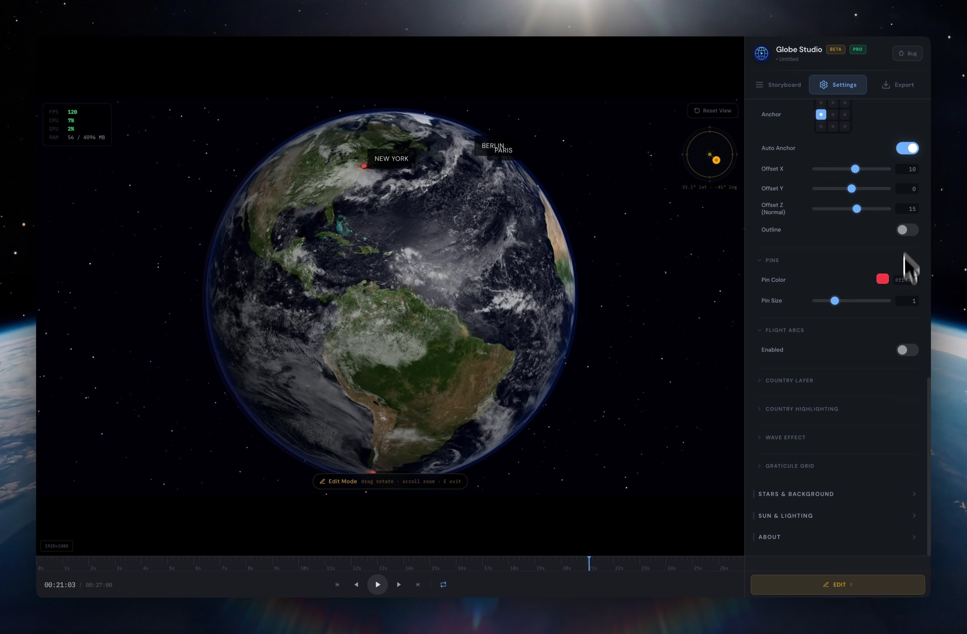 Globe Studio full settings panel showing all customization categories including Pins, Flight Arcs, Country Layer, Wave Effect, Graticule Grid, Stars and Background, and Sun and Lighting