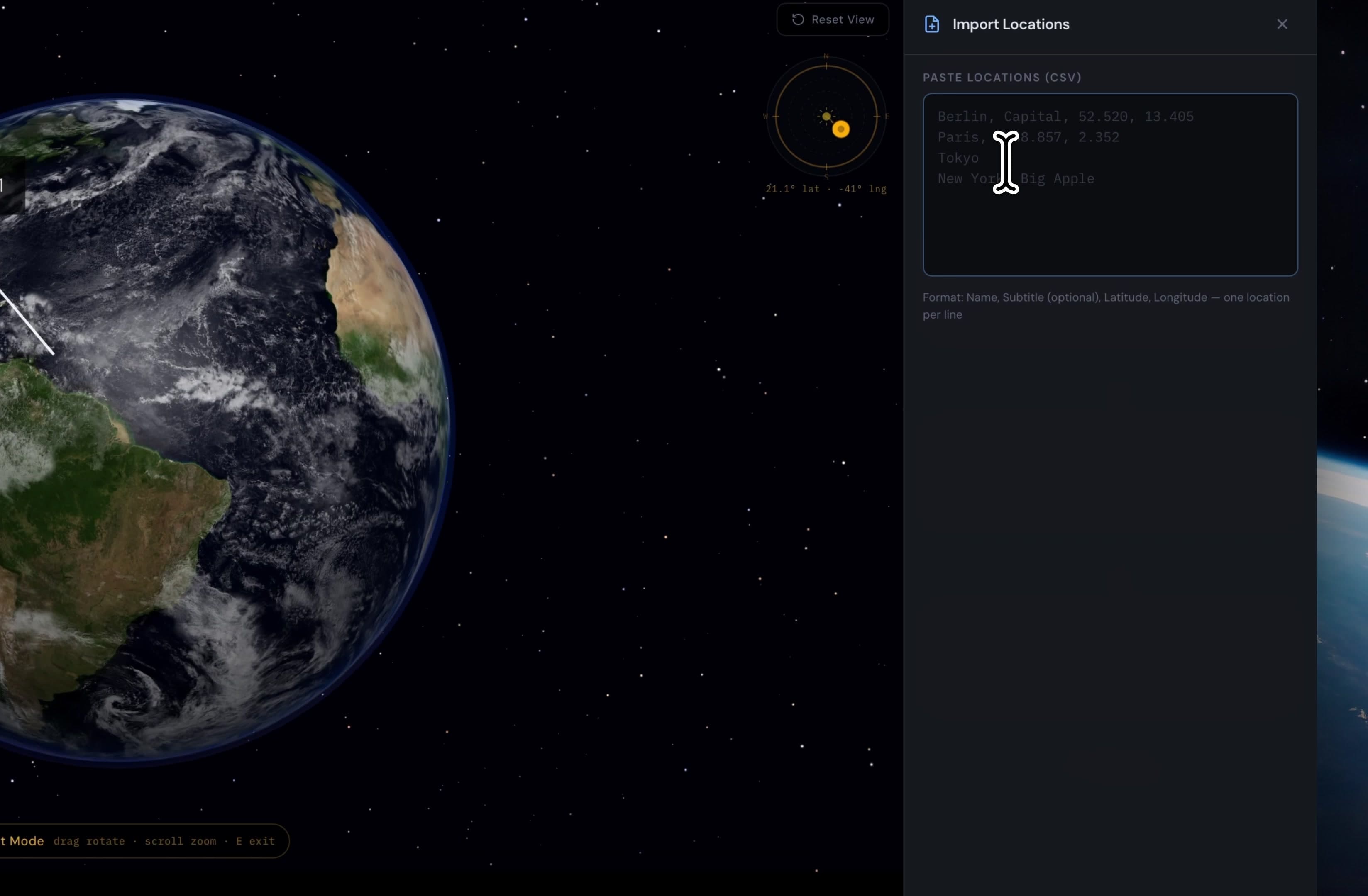 Globe Studio Import Locations dialog with CSV paste field showing Berlin, Paris, Tokyo, and New York entries with automatic coordinate detection